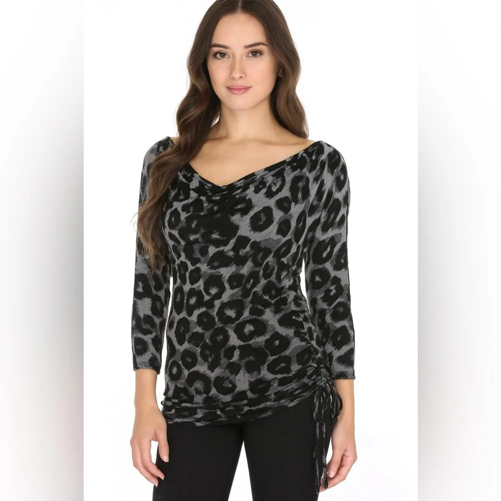 Michael Kors Leopard Print Ruched Top Cowl Neck Long Sleeve Blouse Small